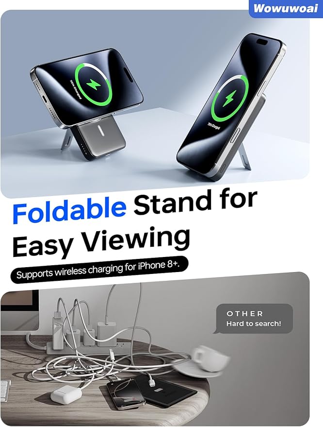 for Magsafe Portable Charger,10000mAh Wireless Magnetic Power Bank with USB C Charging and stand, Travel Essential for Magsafe Battery Pack Compatible with iPhone 17/air/16/15/14/13/12 Series