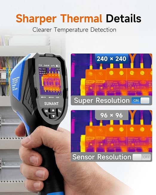 Infrared Thermal Imaging Camera, 240x240 TISR Resolution, 25Hz Refresh Rate, -4°F to 1022°F, Adjustable Emissivity, Hot/Cold Spot Detection, LED Light for HVAC, Electrical & Home Inspection