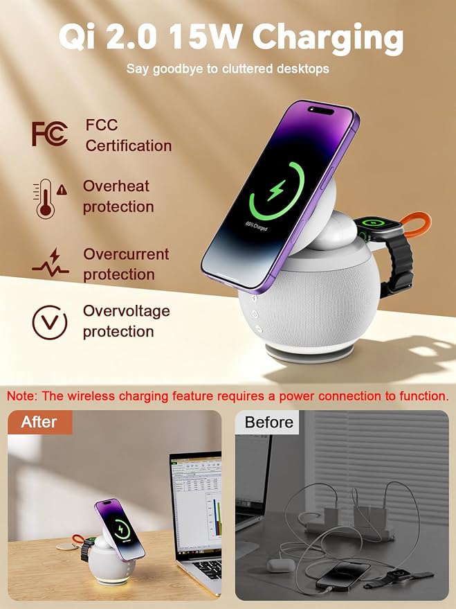 5 in 1 Wireless Charging Station with Bluetooth Speaker and Night Light, Magnetic Fast Charger Stand for iOS Phones, Smartwatch and Wireless Earbuds, Bedside Charging Station, White