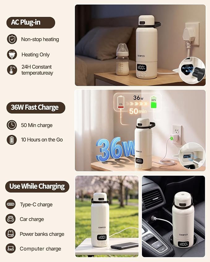 Portable Bottle Warmer for Travel | 3X Faster Heating | 3" Wide Mouth for Easy Cleaning | USB-C & AC Plug-in Power Options | Built-in Sterilizer |Warms Breastmilk & Formula On the Go | 17oz Capacity