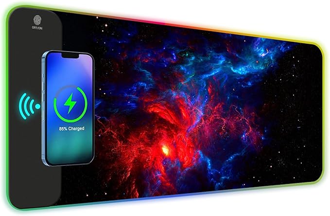 ToLuLu RGB Wireless Charging Gaming Mouse Pad, 7.5/10/15W 10 Light Modes LED Mouse Pad Computer Keyboard Mat Mousepad, 800x300x4MM Extended Large Desk Pad Desk Mat for Gamer, Red Blue Galaxy