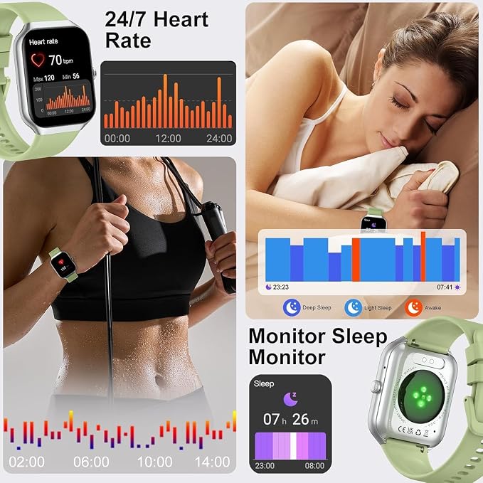Smart Watch 2026 NEW 1.96" Smartwatch for Men Women(Answer/Make Call),Fitness Watch with 110+ Sport Modes, Reloj Inteligente with Sleep Monitor/Heart Rate/Step/IP68,for Android iOS, Silver green