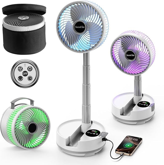 Socool 20000mAh Portable Fan Foldable Wireless Battery Rechargeable with 8-Speed & 112H, 90° Osciliating Floor Standing Fan Remote, Desk Fan with 8H Timer & LED Light for Home Kitchen Travel Camping