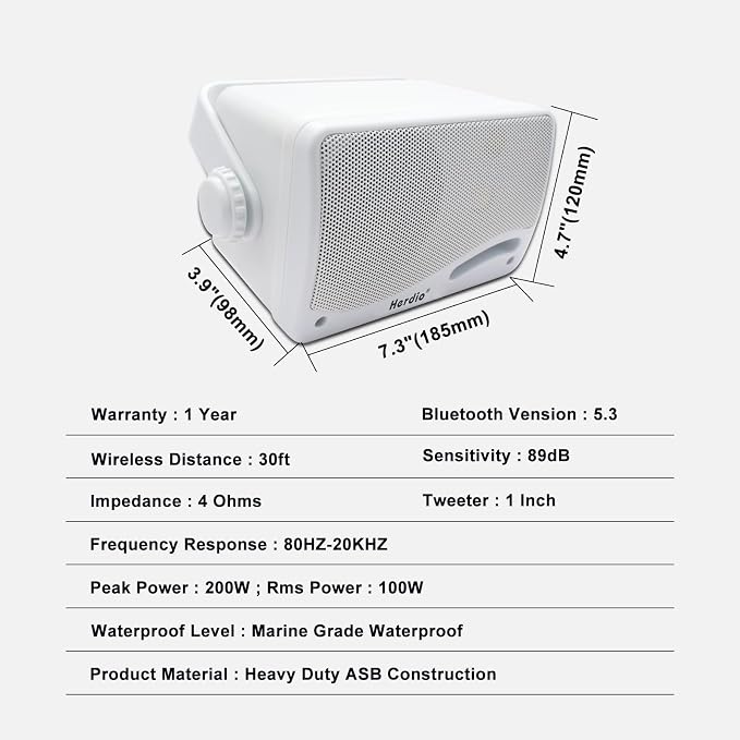 Herdio 3.5" Outdoor Bluetooth Speakers Wired Waterproof, 200W 3 Way Upgrade Premium Wall Mount Speakers, Durable Mountable Loud Sound System for Patio Indoor Deck Garage (White Pair)