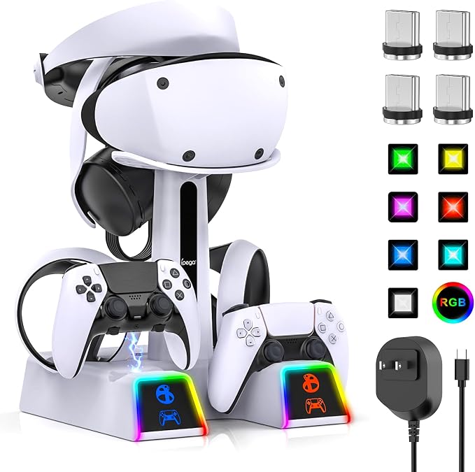 RGB Controller Charging Station for PS VR2 / PS5 / PS5 Edge with 5V/3A Adapter & 10 Led Light, Wireless Controller Charger Dock for PlayStation 5, Charging Stand with VR2 Headset Holder
