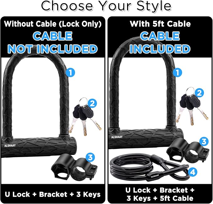Bike U Lock with 5ft Cable U Lock Bike Bicycle Lock for Scooter Electric Scooter Patent Protected Textured Protective Sleeve 0.74 Inch Shackle 0.4 Inch Diameter Mounting Bracket 3 Keys