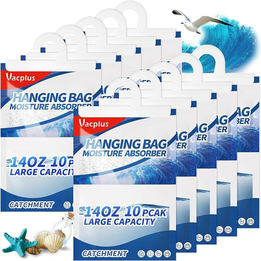 Vacplus Moisture Absorbers, Hanging Closet Dehumidifier Bags, Humidity Packs, Desiccant, Closet Dehumidifiers with Ocean Breeze Fragrance, 10 Pack, 14.0 OZ