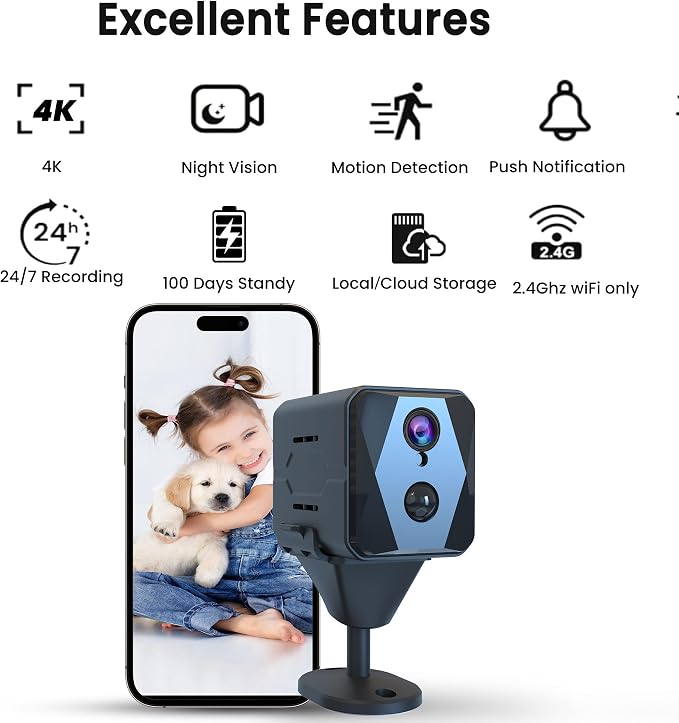 vebiliki Spy Camera, 4K Hidden Camera, Mini Camera, Real-Time Recording, AI Motion Detection, Support Cloud & TF Storage, Auto Night Vision, WiFi Cameras for Home Security, 2.4G WiFi Only