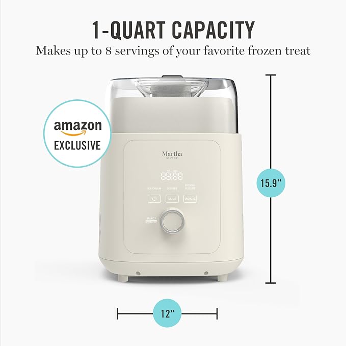 Martha Stewart 1 Quart Ice Cream Maker, Built-In Compressor, No Pre-Freezing Required, 3 Modes (Ice Cream, Sorbet, Frozen Yogurt), Automatic Mix-In Alert, Dishwasher-Safe Parts, Linen Cream