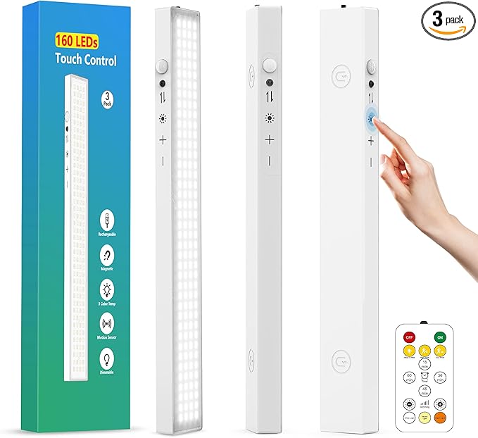 12inch 3Pack Touch Control Under Cabinet Lighting, 160LED Super Bright, 4000mAh Long-Lasting, Magnetic Rechargeable Motion Sensor Under Counter Lights for Kitchen, Closet, Remote, Dimmable, 3CC丨White