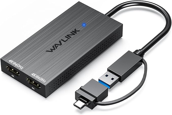 WAVLINK USB 3.0 & USB C to Dual HDMI Adapter 4K@60Hz for Dual Monitor, DisplayLink USB C HDMI Adapter for Apple Mac M1-M5/Macbook Neo, Windows 10/11, ChromeOS (No Linux/iPad/iOS/HDCP), Driver Required