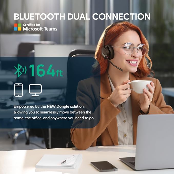 Yealink BH70 with Stand Wireless Bluetooth Headset with Microphone for Work, up to 35h Talking Battery Life, 3 Noise Cancellation Mics, Teams Certified, ≤90min Fast Charging, NO Power Adapter Needed