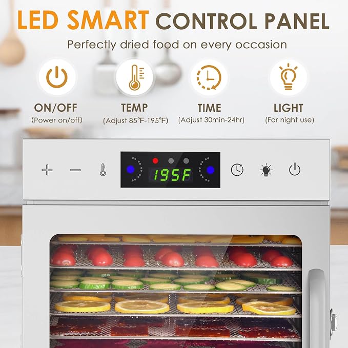 HOPERAN Food Dehydrator Machine with 8 Stainless Steel Trays – Digital Timer & Adjustable Temp Control for Jerky, Herbs, Fruits | Overheat Protection, BPA-Free, Includes Recipe Book