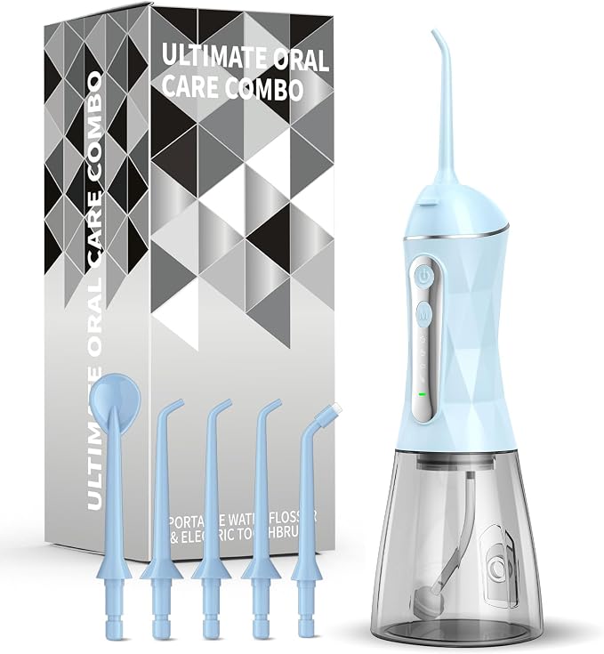 Electric Water Dental Flosser - Cordless Portable Teeth Cleaner, Rechargeable 320ML Larger Water Tank Oral Irrigator, 4 Modes with 5 Jet Tips and Travel Bag, IPX7 Waterproof (Blue)