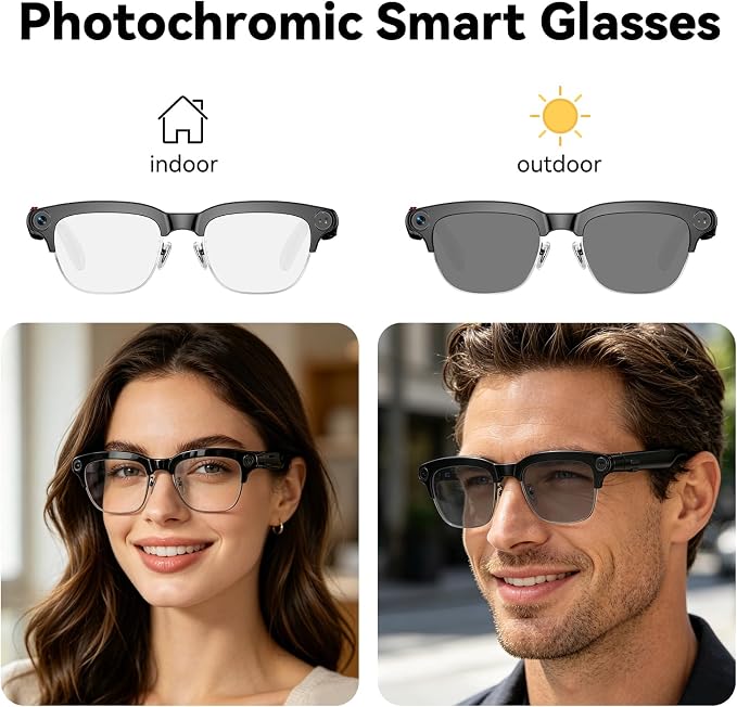 AI Smart Glasses with camera, Continuous AI Chat, 8MP Camera Glasses, 1080P Recording Glasses for Men Women,Hands-Free Music & Calls,Real-Time Translation,Ideal for Business Meetings,Travel,&Daily Use
