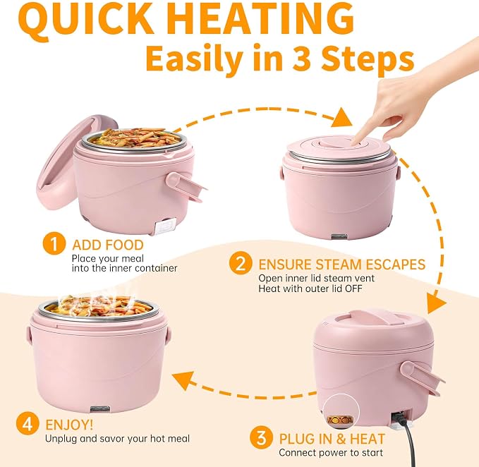 Aotto Electric Lunch Box, 40 oz Portable Food Warmer Heater, Lunch Warmer Portable for Work/Office/Car/Travel 12V/24V/110V 3-in-1, Warming Soup & Meal, Spill-Free, Men & Women's Gifts, Pink