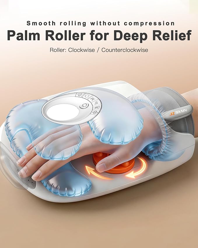 JZBRAIN Hand Massager with Heat and Compression : Full Hand & Wrist Massage, Cordless Electric Hand Massager with 6 Modes & 6 Intensities for Office, Seniors Daily Comfort & Relaxation (White)