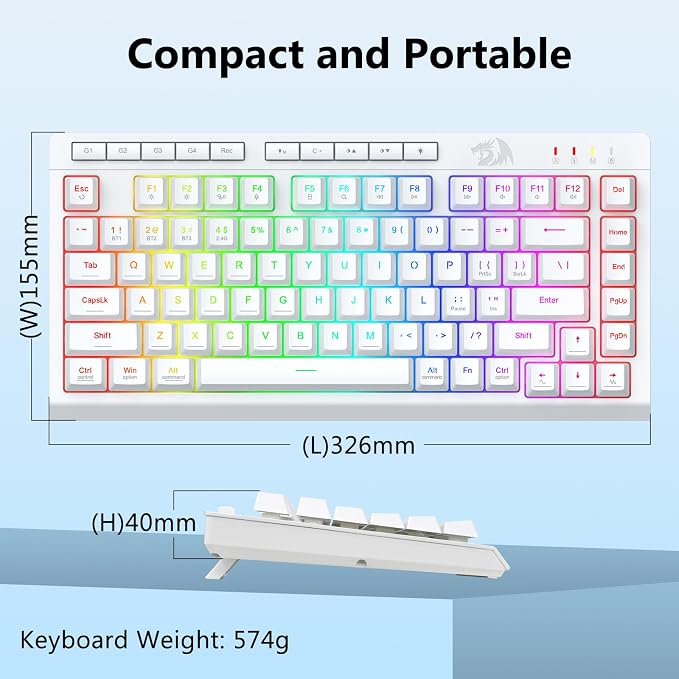 Redragon Wireless Gaming Keyboard, Bluetooth/2.4GHz/USB-C Wired, RGB Backlit, Portable 75% Mini Quiet Macro Membrane Keyboard, Rechargeable 4000mAh Battery, Anti-Ghosting for Win/MAC, White