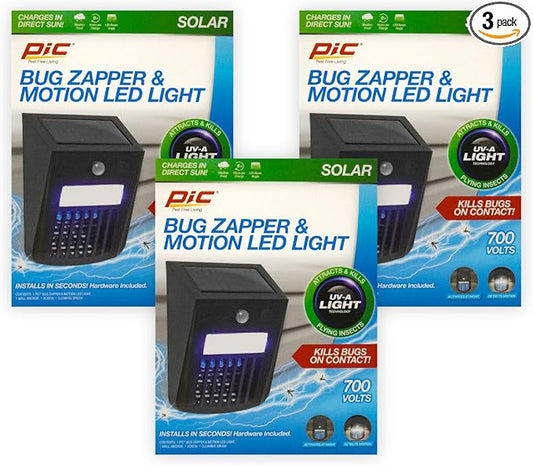 PIC 2-in-1 Solar Bug Zapper and Motion Sensor LED Light, Outdoor Electric Insect Killer, Mosquito Fly Zapper Trap for Outdoor Use (3 Pack)