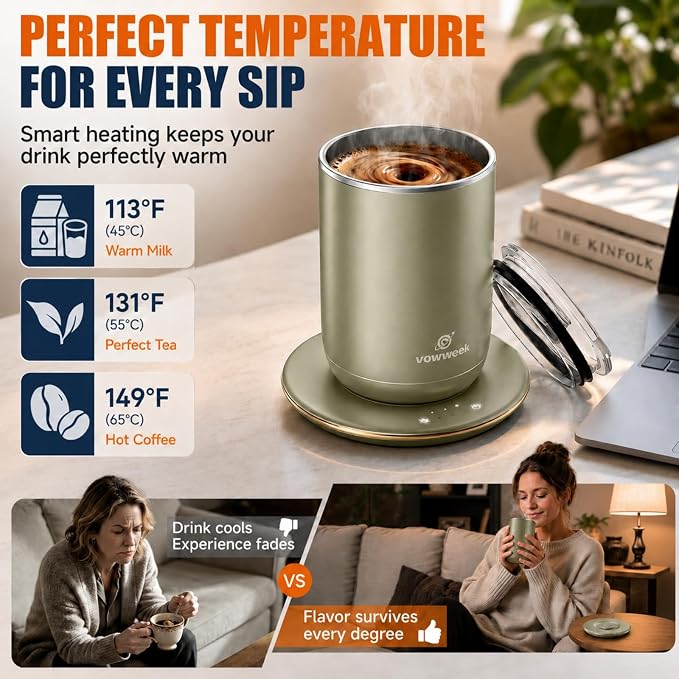 Self Stirring Heated Coffee Mug, 10 oz Auto Magnetic Mixing Cup, SageGreen | 304 stainless steel interior. Includes 3 heat settings, 8H auto shut-off, plug-in base for home office desk