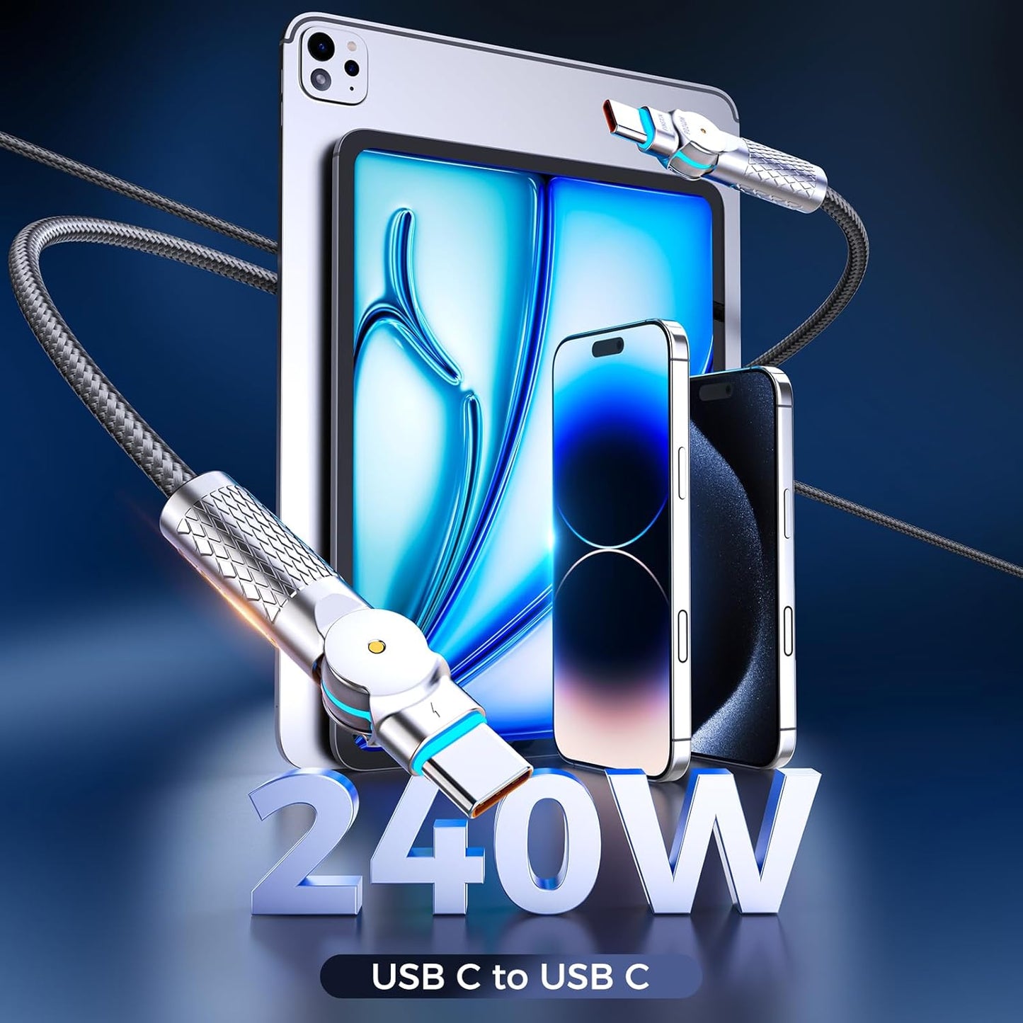 USB C to USB C Cable10ft,240W 2-Pack Braided 180°Rotating Type C Charging CableFast Charge for iPhone 16/16Pro/16Plus/16ProMax,MacBook Air,iPad Pro,Pixel,Samsung Galaxy S23/S24 Ultra-Light Grey