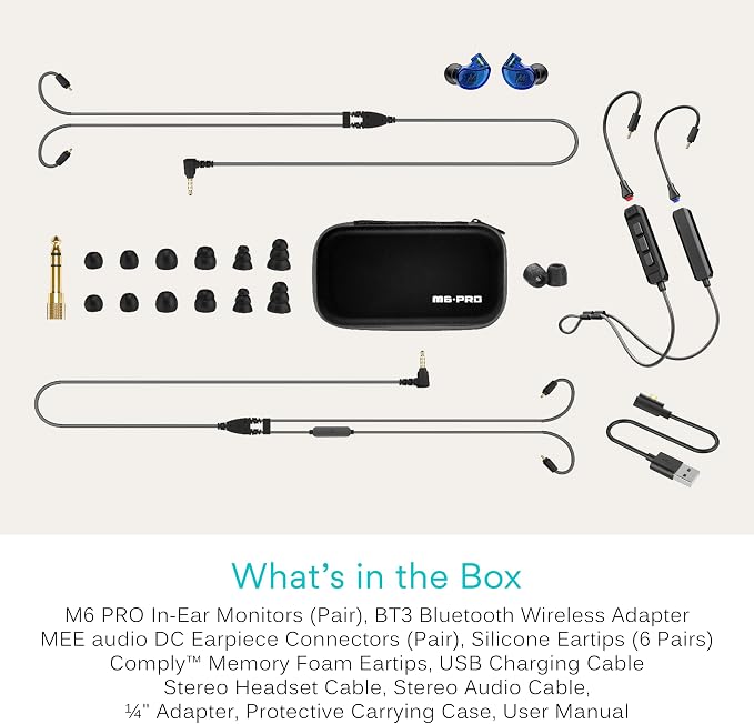 MEE audio M6 PRO Musicians' in-Ear Monitors Wired + Wireless Combo Pack: Includes IEMs, 2 Audio Cables and BT3 Hi-Res Bluetooth Audio Adapter w/aptX, LDAC, Auracast Support, & Built-in Headset (Blue)