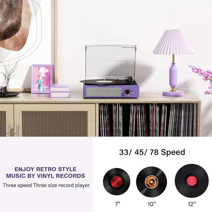 cotsoco Vinyl Record Player Bluetooth,Belt-Drive Turntable with Stereo Speakers Vintage Phonograph Vinyl Record Player 3 Speed 3 Size for Home Decoration,Aubergine