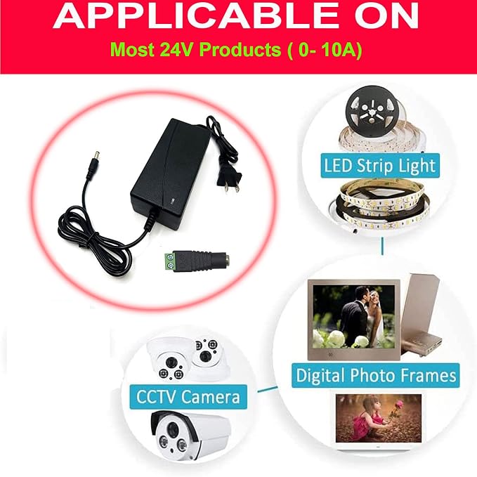 Power Supply, 24V Power Transformers, AC 100-240V to DC 24V 10A Power Supply LED Adapter, 240 Watt Max, for LED Strip Neon Rope String Lights, Computer Project, Recorder, TV Screen
