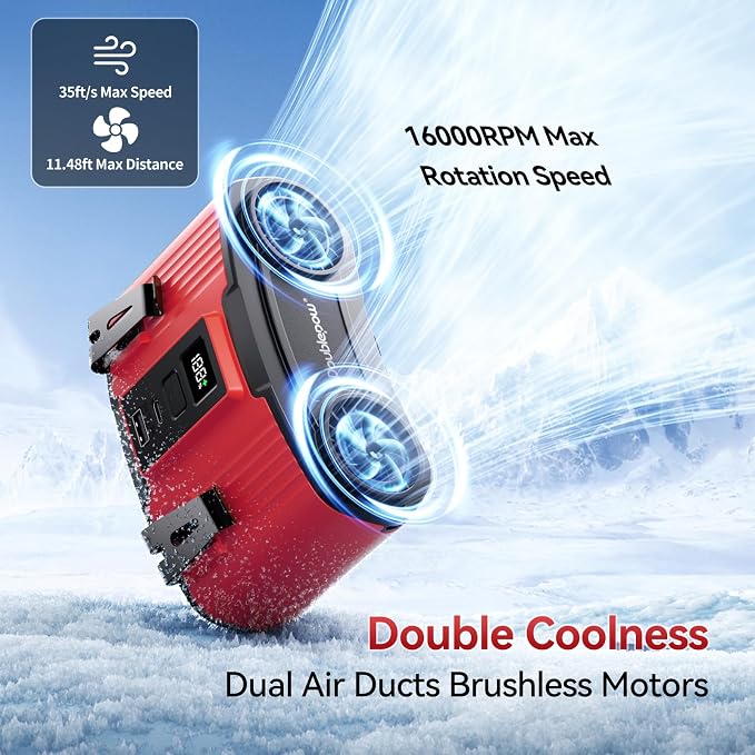 Doublepow 12000mAh Portable Waist Fan, Personal Waist Fan, Dual Air Ducts Motors, USB Rechargeable Clip On Belt for Working, 10 Speeds & 23H Wearable Neck Cooling, for Outdoor, Work, Travel (Red)