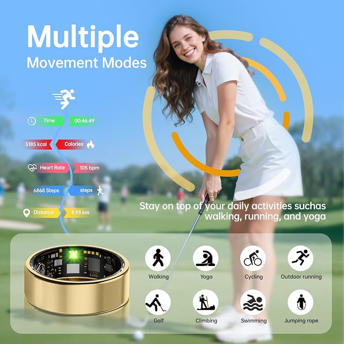 Smart Ring for Women & Men, Health Tracker Ring with Heart Rate, SpO2, Blood Pressure,Temperature, HRV & Stress, IP68 Waterproof Fitness Ring, Sleep Tracker for iPhone & Android, No App Fee(Gold, 7#)