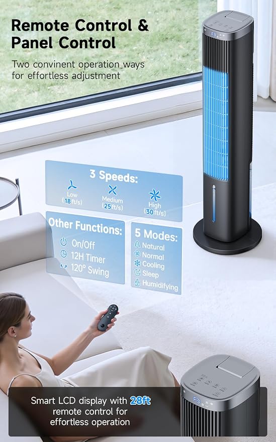 Windowless Portable Air Conditioner w/ 5 Mode&3 Speed, 12H Timer, 120° Oscillating Evaporative Air Cooler, LCD Touch Control & 28FT Remote, 4L Water Tank Swamp Cooler Air Conditioner for Room