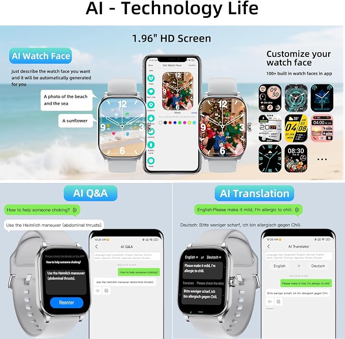 Smart Watch, GPS & Free Maps, 1.96" HD Screen, AI, Bluetooth Call & Text, Health, Fitness & 24/7 Sleep Tracker, 100+ Workout Modes, 5 ATM Water-Resistance, for Men & Women, Android & iOS, 2 Bands