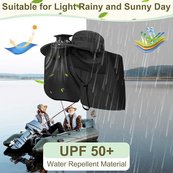 Maiteenly 2 Pcs Solar Fan Hat for Men with Neck Flap Bucket Fan Buit in Hats for Hiking Fishing Outdoor USB and Solar Powered