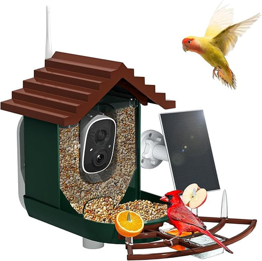 Smart Bird Feeder with Camera Solar Powered & AI Bi rd Identification, 2.4Ghz WiFi Bird feeders for Outdoors, 2K Live Video, Instant Arrival Alerts - Dark red-Green