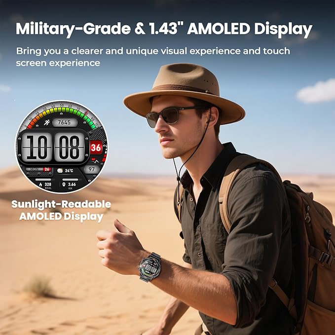 WalkerFit Smart Watch for Men, Rugged Tactical Fitness Tracker with 1.43" AMOLED Display, Bluetooth Calls, 5ATM Waterproof, 170+ Sports, SpO2/Heart Rate Monitor, 2 Bands, iPhone/Android Compatible