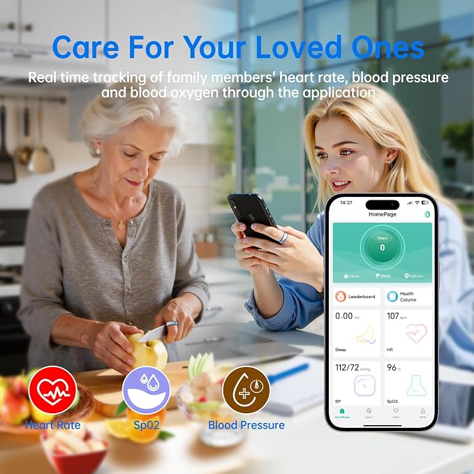 Smart Ring for Women & Men, Health Tracker Ring with Heart Rate, SpO2, Blood Pressure,Temperature, HRV & Stress , IP68 Waterproof Fitness Ring, Sleep Tracker for iPhone & Android, No App Fee(Blue, 6#)