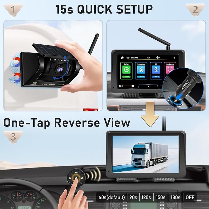 Wireless Backup Camera for Truck RV - 7" Portable Apple CarPlay Android Auto Touchscreen Monitor - 10000mAh Solar Magnetic Rear View Camera for Pickup, Trailer, Camper Van, Fifth Wheel, Box Semi Truck