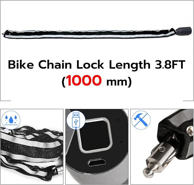 eLinkSmart Chain Lock Keyless Waterproof Biometric 100CM Chain Lock for Bike Scooter Motorcycle Door Fence Gate Black