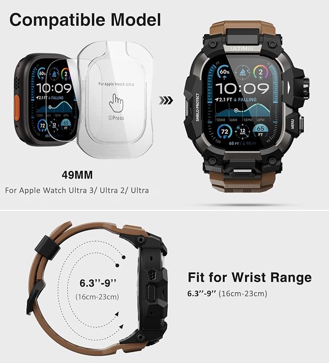 ULTIMAL Rugged Case with Band for Apple Watch 49mm,Compatible with Apple Watch Ultra 3/2/1, Military Grade Shockproof Bumper Cover for iWatch Tactical Band Men (Coffee Brown, 49mm)