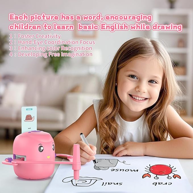 CYJBE Interactive Educational Drawing Robot for Kids - Montessori Learning Toy with 150 Word Cards, Voice Interaction, Ages 5+ (Pink)