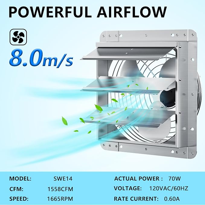 14 Inch Shutter Exhaust Fan, Aluminum Wall Mounted Exhaust Fan, 1558 CFM High Speed Automatic Shutter Attic Fan, Vent Fan For Greenhouse,Shed,Shop,Garage