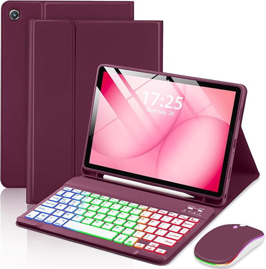 EAMPANG Case with Keyboard Mouse for Samsung Galaxy Tab A11 Plus/A9 Plus 2025/2023 11 inch,7 Color Backlight Detachable USB-C Keypad Magnetic Case with Pen Slot for Tablet A11+ A9+ 5G Wine Red