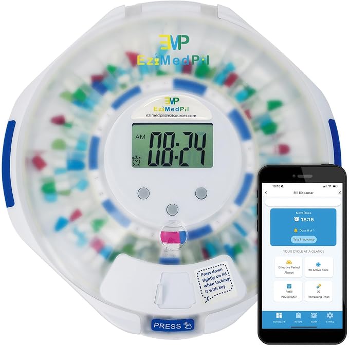 EziMedPil Bluetooth Automatic Pill Dispenser with Frosted Privacy Lid | Tracks Adherence History for Dementia & Chronic Disease Seniors, App & On-Device Setup, Sound-Light Reminders, 9 Daily Alarms