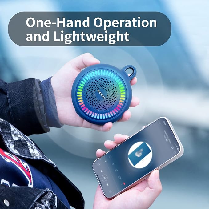 SOWO Bluetooth Shower Speaker Waterproof - Small Portable Speaker Wireless with Louder Volume and Powerful Bass - Colorful Lights and 10H Playtime - Lightweight with Carabiner and TWS
