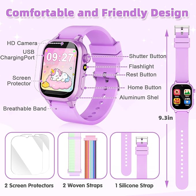 Smart Watch for Kids Girls Gifts for Aged 4-12, 40 Games HD TouchScreen Kids Watch with Video Camera Music Pedometer Audiostory Learn Card 2 Extra Bands Birthday Gift for 6 7 8 9 Year Olds（Purple）