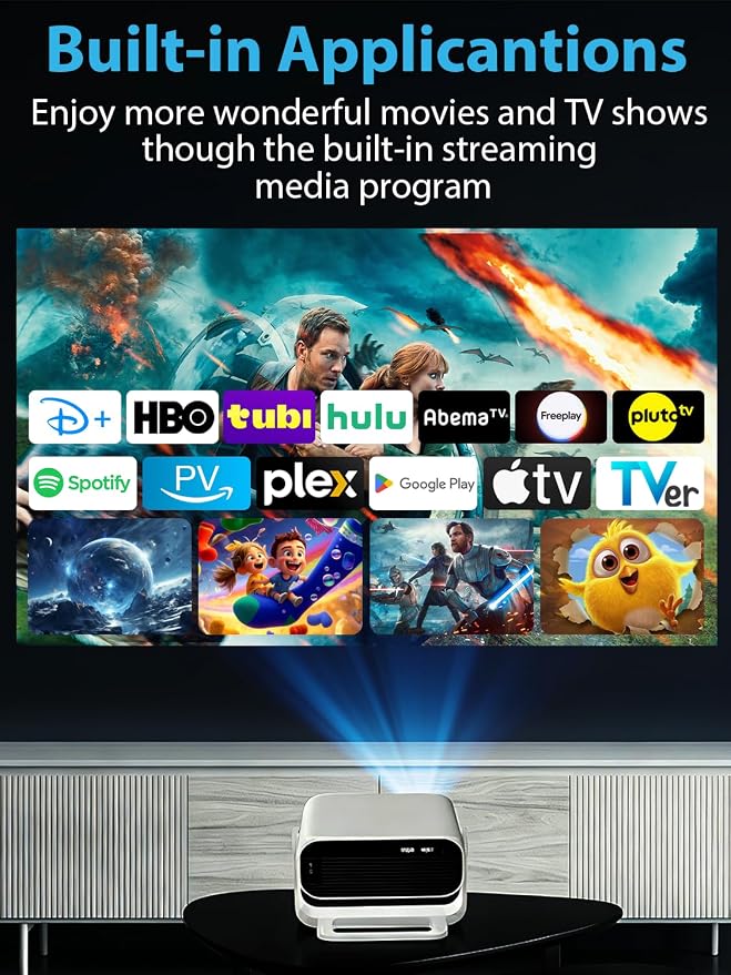 Wielio 2026 Smart Projector Android 14/TV with WiFi 6 and Bluetooth 5.0 Built in 1000+ Apps 210 ANSI Portable Bedroom Mini Movie Projector Auto Keystone & Zoom （Auto Focus/Preferred Dark Room)
