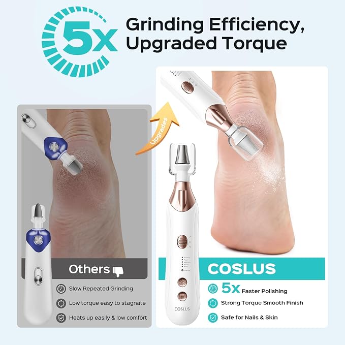 COSLUS C43 Professional Manicure Pedicure Kit, 5-in-1 Electric Nail File for Toenail Hand Feet, Basic & Thick Nails Care, Cordless, 5 Speeds, for Men Women Seniors Home Salon, Wider Grinder, White
