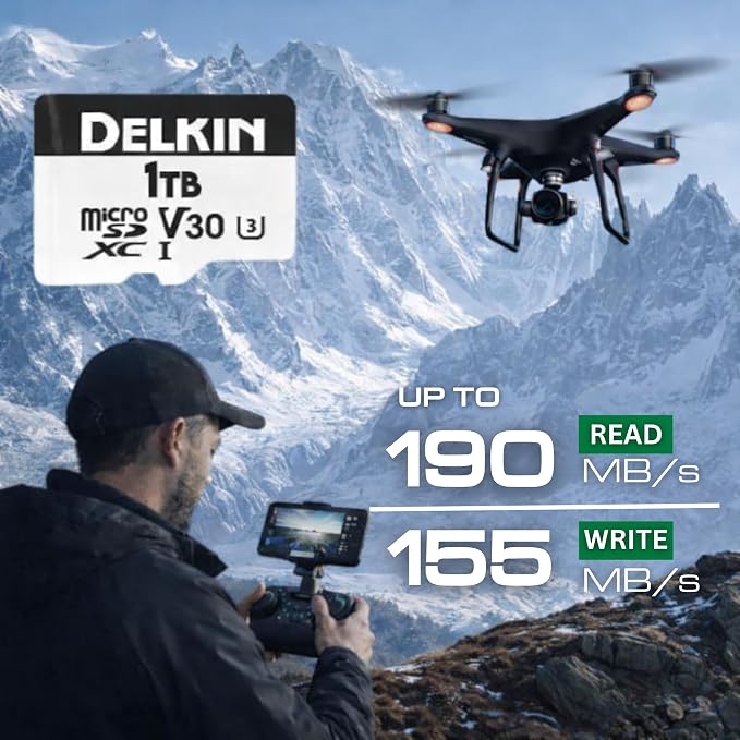 Delkin Devices Drone 1TB microSD Card UHS-I U3 V30 A2 – 190MB/s Read, 155MB/s Write – Designed for Drones, 4K UHD Video, DJI Compatible, microSDXC with Adapter (1TB)