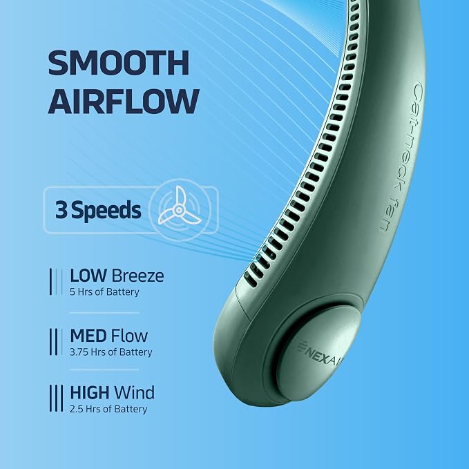 NEXAIR Portable Neck Fan Hands Free Cooling Lightweight Bladeless Neck Fan, 3 Speeds, 2400mAh Battery, 5H Runtime Green