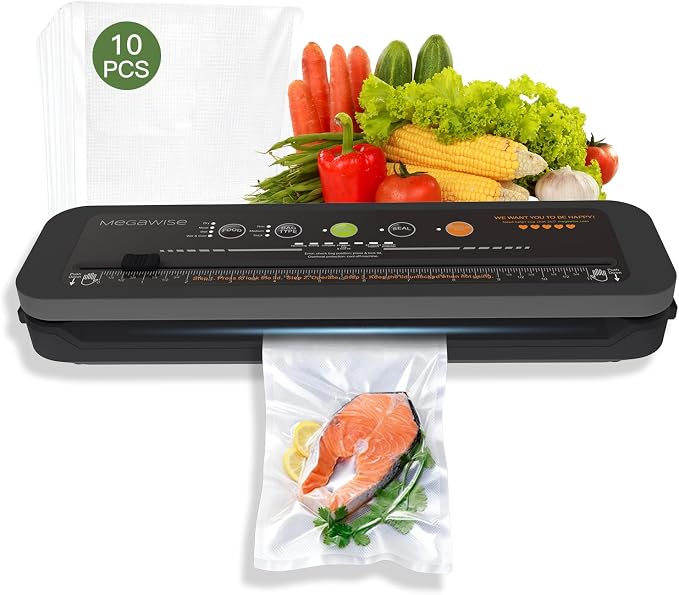 MEGAWISE Food Sealer w/Premium Kit with Accessory Hose for Wide and Regular Mouth Sealer, Dry & Moist Food Modes, Compact Design with 10 Vacuum Bags & 20 Mason Tin Lids. (Plus)
